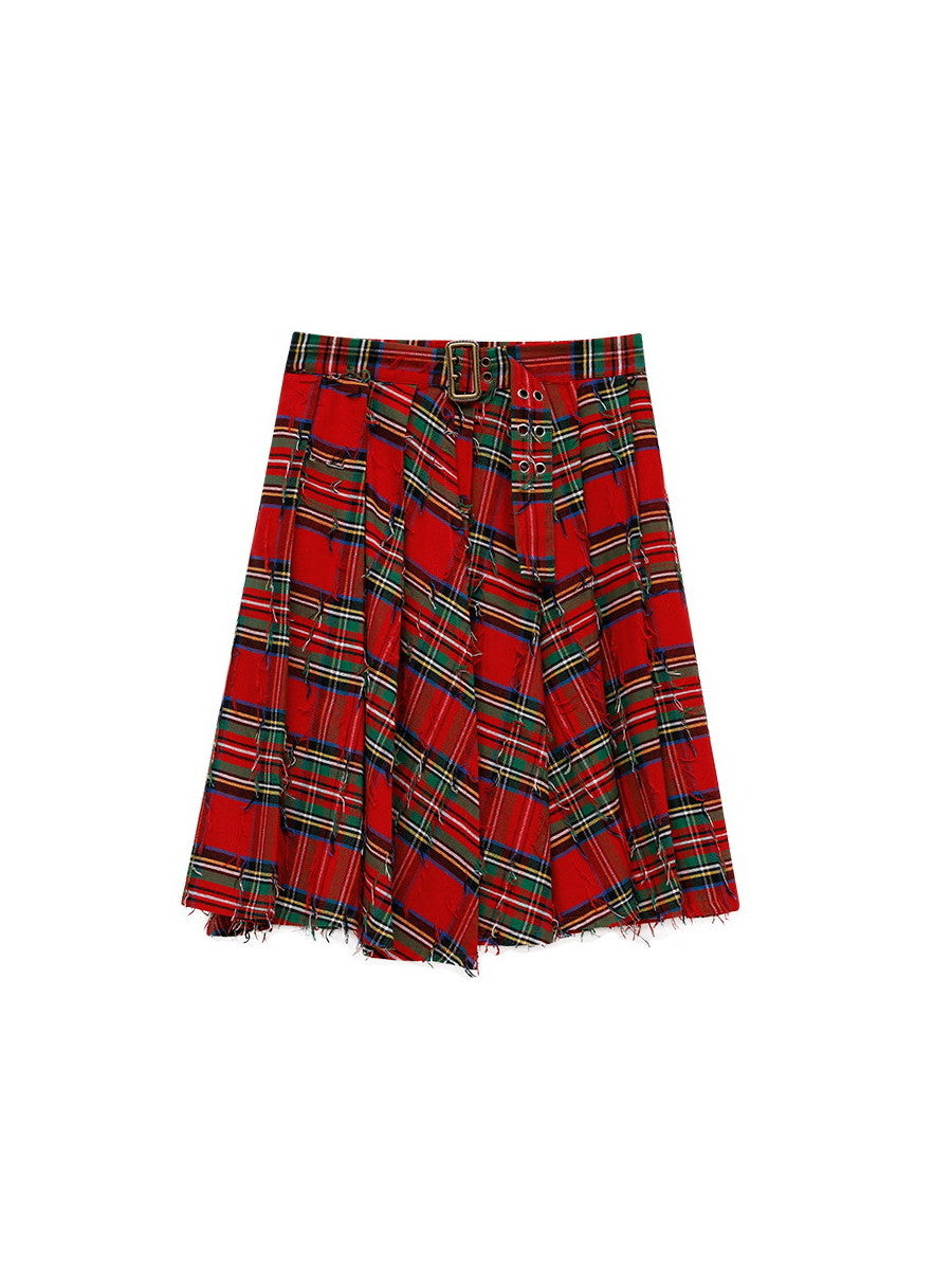 Casual Checked Retro Pleats Retro Flare Skirt