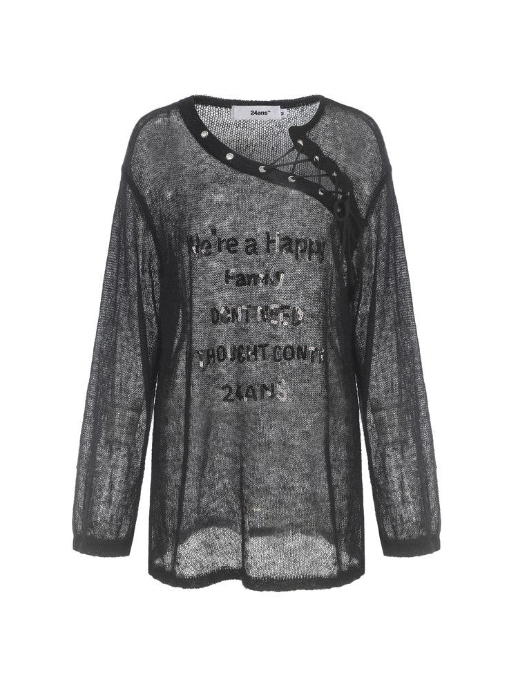 Mesh See-Through Asymmetry Lace-Up Oversize Tops