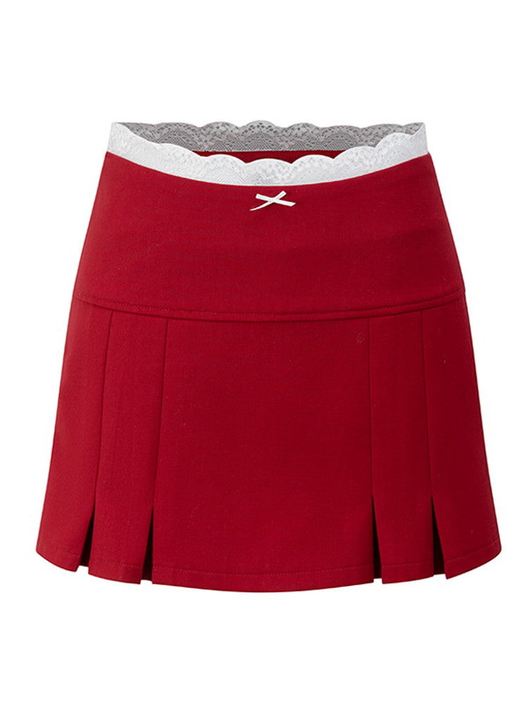 Pleats Simple Plain Lace Mini-Skirt