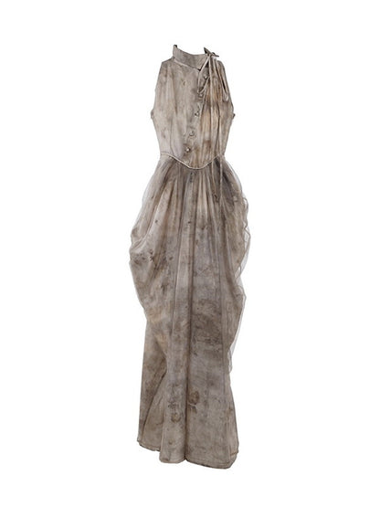 Tie-Dye Drape American-Sleeve Fluffily Retro Long Dress