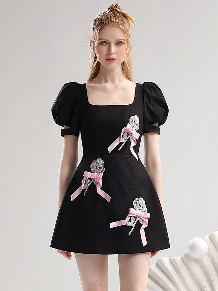 Ribbon Flower Puff-Sleeve Short Flare Dress