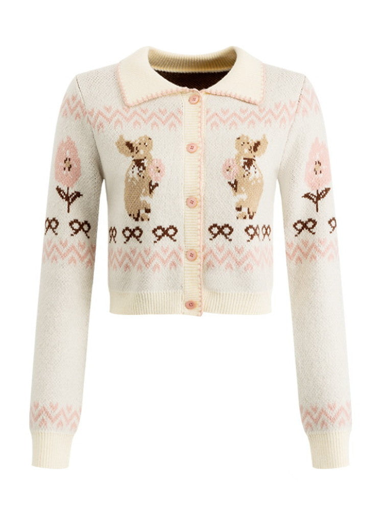 Set-Up Knit Retro Rabbit Ribbon Cardigan＆Mini-Skirt