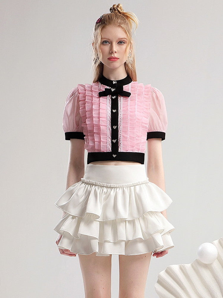 Short Ciffon Ribbon Frill Nichi Feminine Sweet Blouse