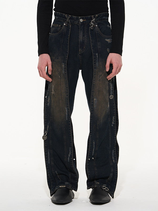 Metal-Ring Denim Washed Straight Nichi Damage Pants