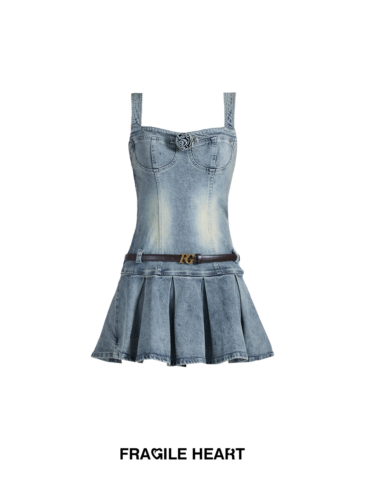 Faded Denim Rose Pleats Flare One-Piece