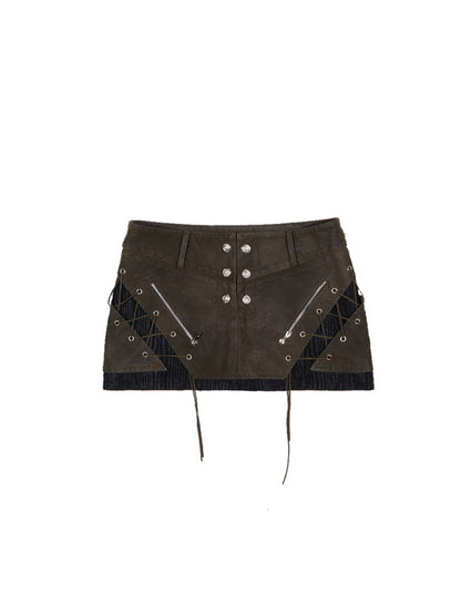 Gothic Lace-Up Mix Leather Casual Mini-Skirt＆Leg-Warmer