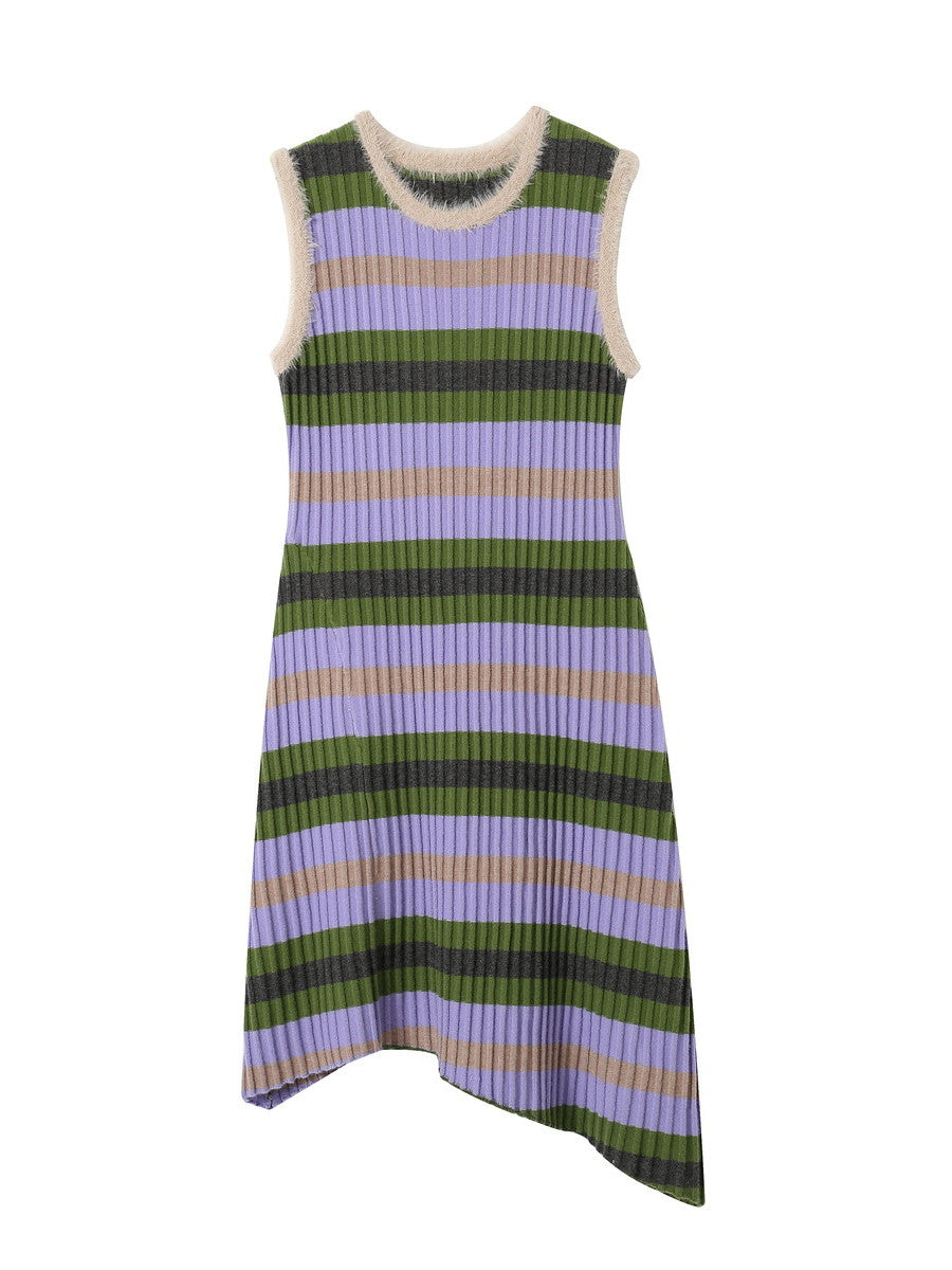 Border Asymmetry Colorful Round-Neck Knit One-Piece