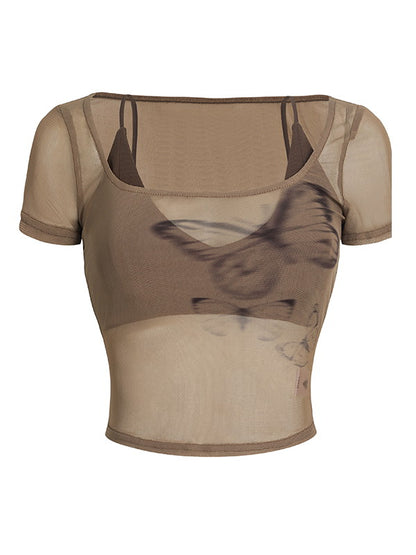 Sheer Short Layered Butterfly See-Through Mesh Tops