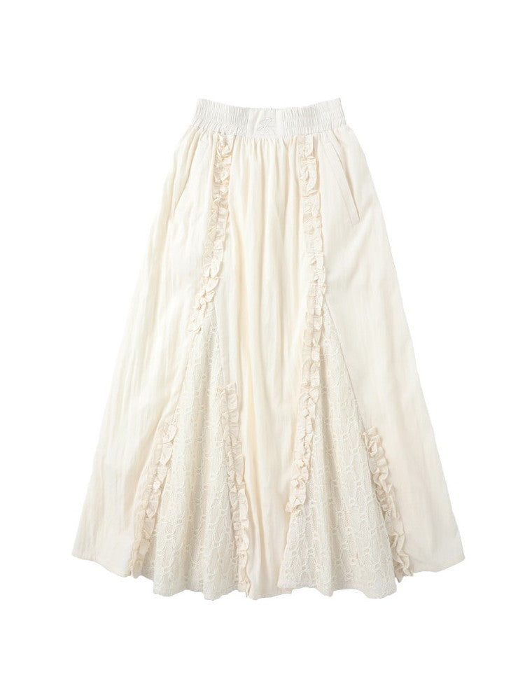 Lace Frill European Wrinkled Flare Sweet Long-Skirt