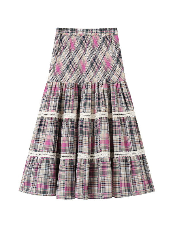 Checked Tiered Retro Girly Flare Lace Long-Skirt