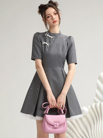 Lace Ribbon Pearl Flare Shorthalf-Sleeve Chic Band-Collar Dress