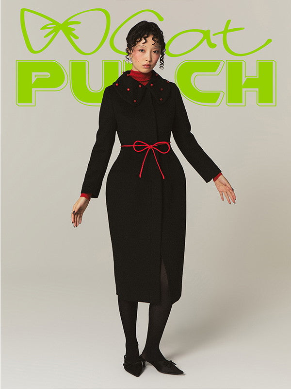 Beads Nichi Curve Ribbon Bi-Color Wool Long-Coat