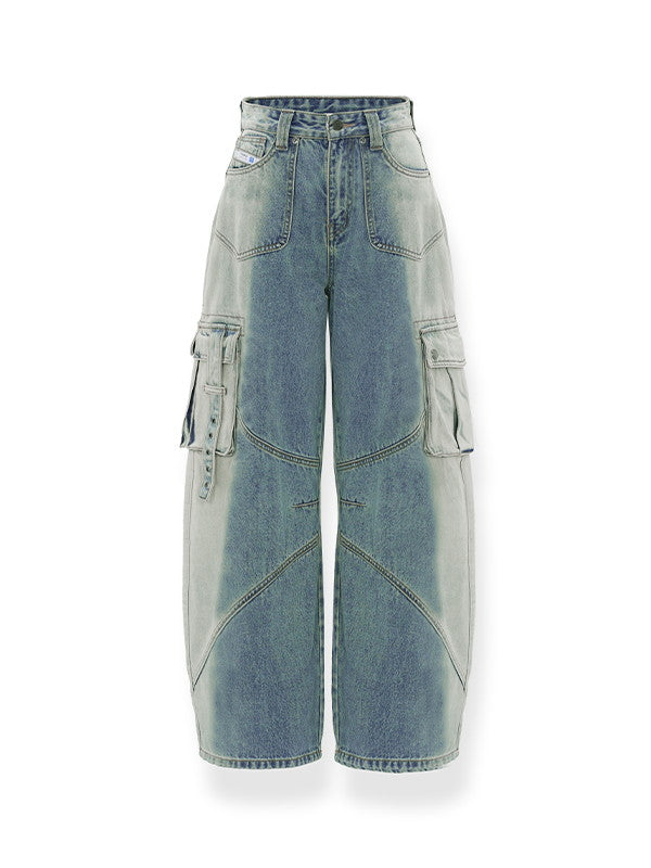 Denim Wide-Leg Straight Casual Side-Pocket Belt Pants