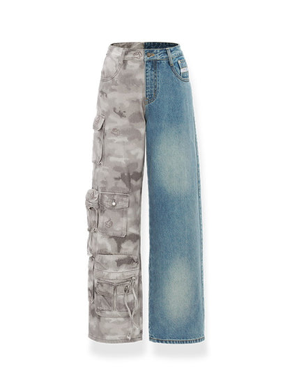 Mix Denim Unique Half-Design Cargo-Pants Wide-Pants