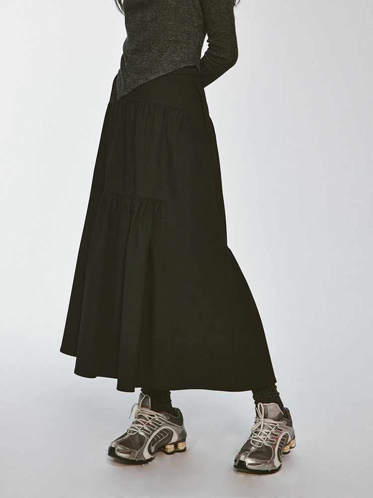 Tiered Asymmetry Plain Flare Simple Long-Skirt