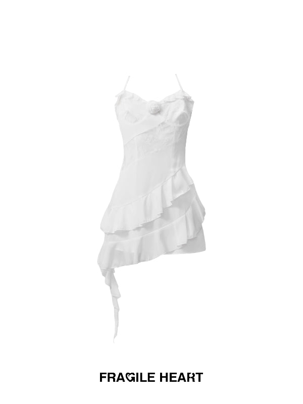 Lace Frill Asymmetry Camisole Rose Short One-Piece