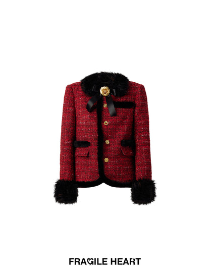 Wool Checked Retro Girly Suit Fur Ribbon Set-Up Jacket＆Mini-Skirt