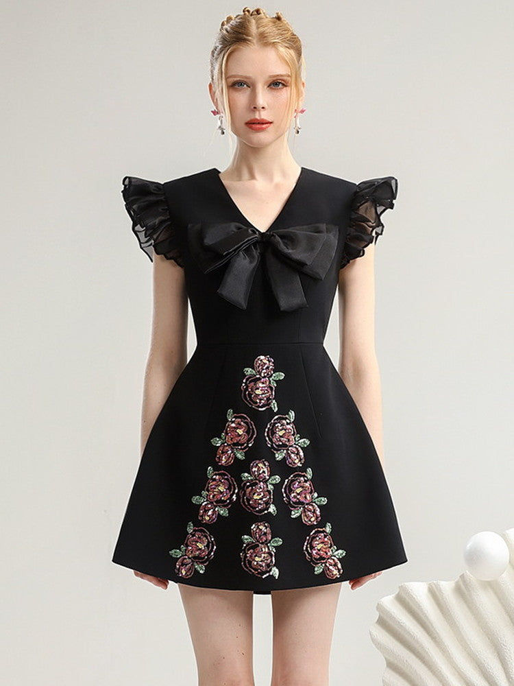 Flower Embroidery Flare Ribbon Frill Sweet Dress