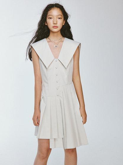 Sailor-Collar Big-Collar V-Neck No-Sleeve Chic Asymmetry Box-Pleats One-Piece