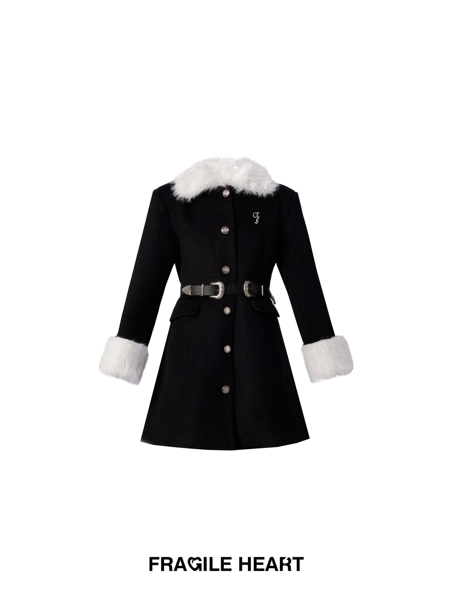 Miss Selfridge Faux Fur Collar Belted Coat, Black