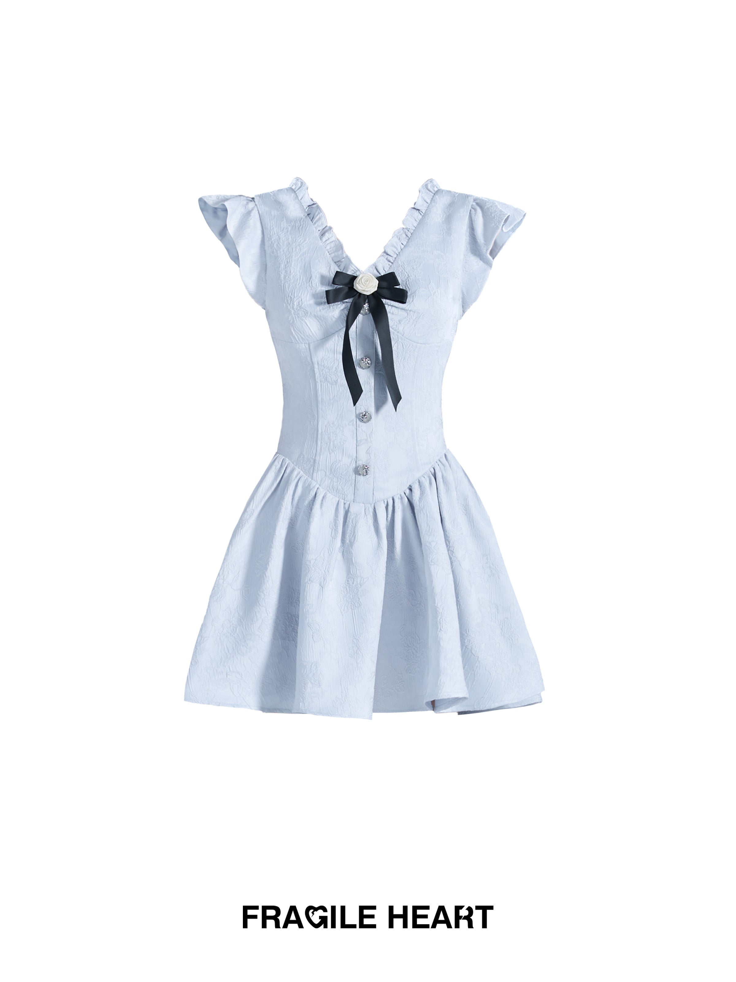 V-Neck Frill Ribbon Fluffily One-Piece