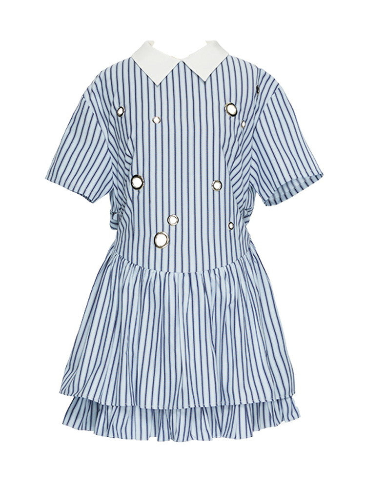 Stripe Tiered Frill Girly Flare Long-Tops Dress