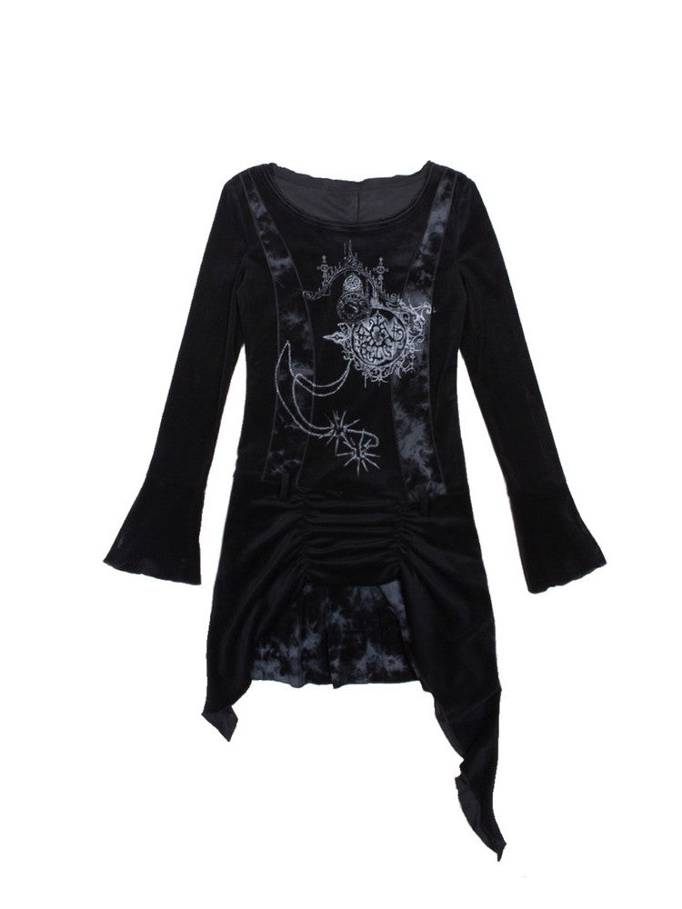 Gothic Ruffle Drape Silhouette Graphic Long-T-Shirt