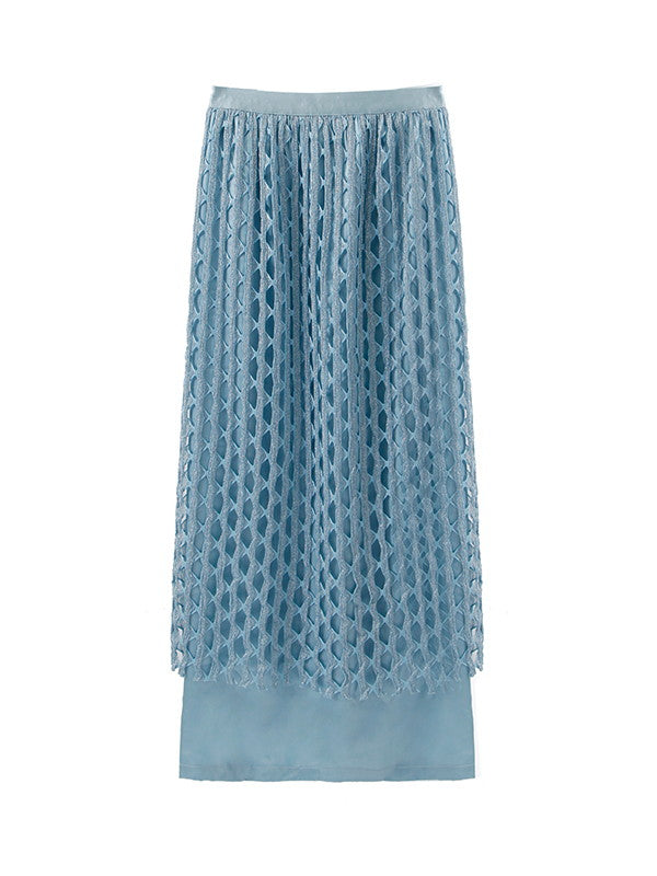 Sparkly Mesh Knit Unique Nichi Plain Satin Long-Skirt