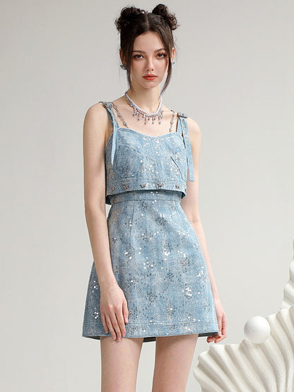 Denim Short Sequins Suspenders Casual Dress