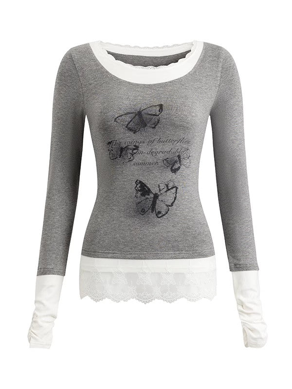 Lace Butterfly Watercolor Round-Neck Lim-Fit Cutsew