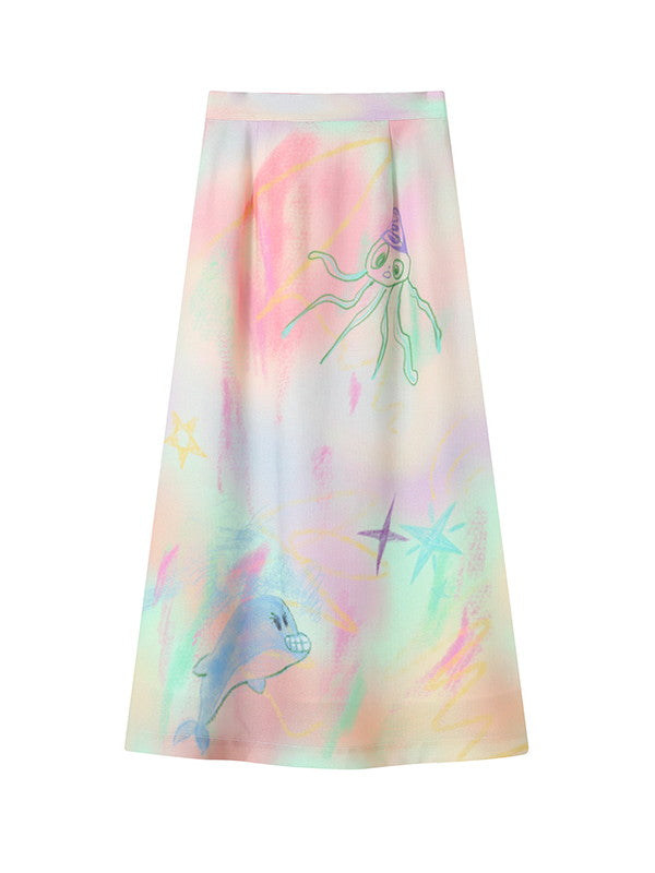 Marble Handwrite Unique Crayon Long-Skirt