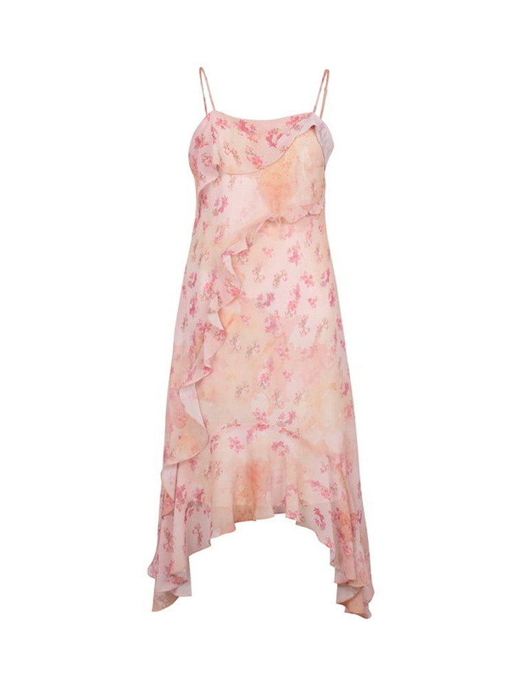 Flower Casmisole Asymmetry Frill Long Sheer Dress