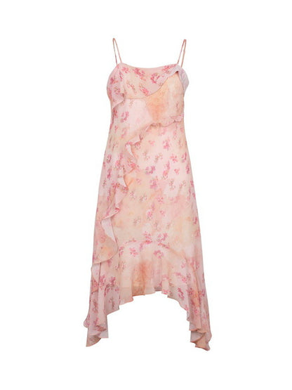 Flower Casmisole Asymmetry Frill Long Sheer Dress