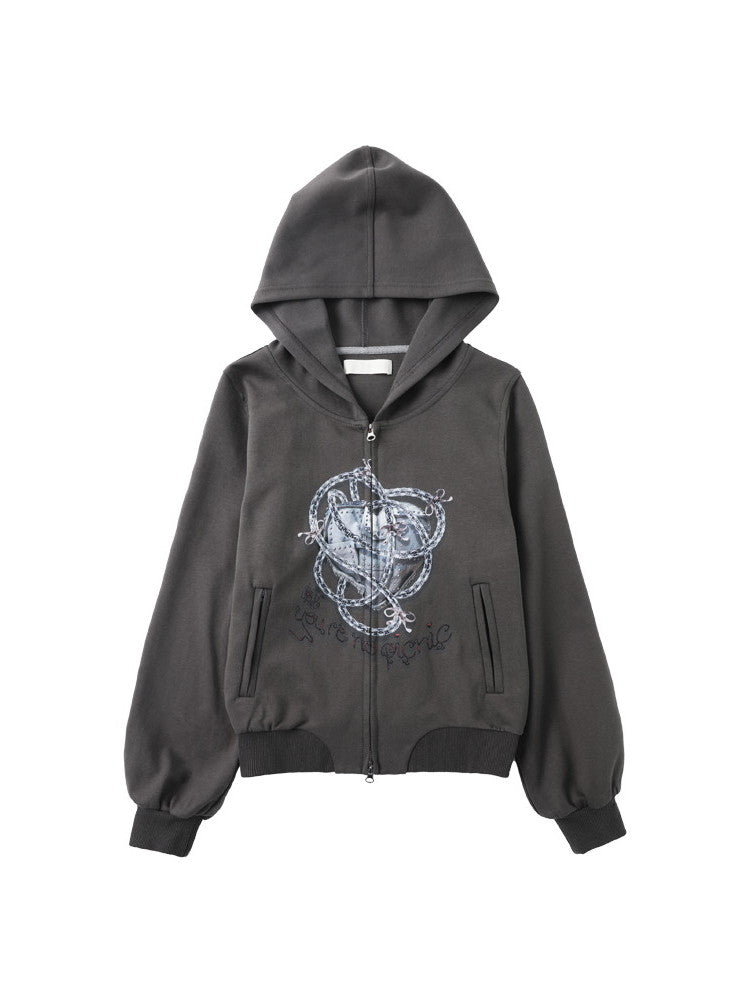 Sweat Knit Double-Zip Ribbon Lace Chain-Design Parka