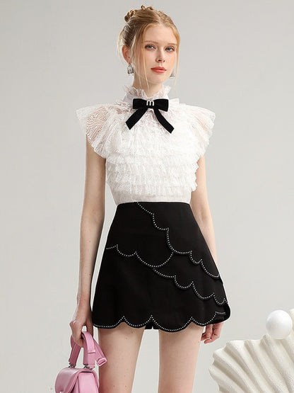 Set-Up Chic Scallop Tiered Feminine Lace-Blosue&amp;Mini-Skirt