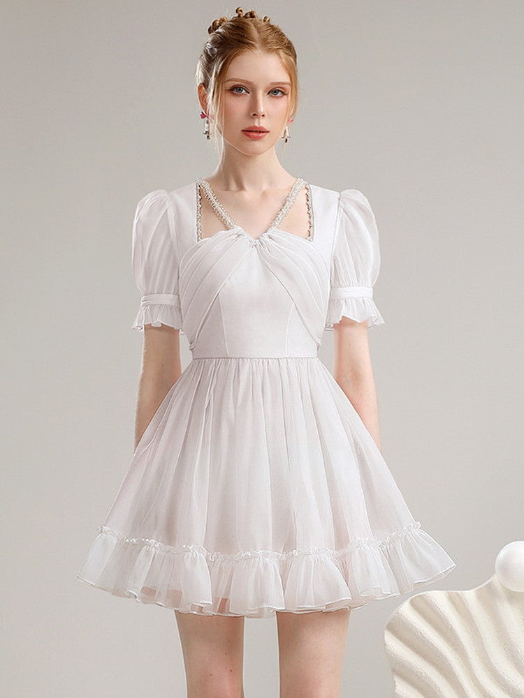 Puff-Sleeve Lace Feminine Falre Tiered Party Short Dress