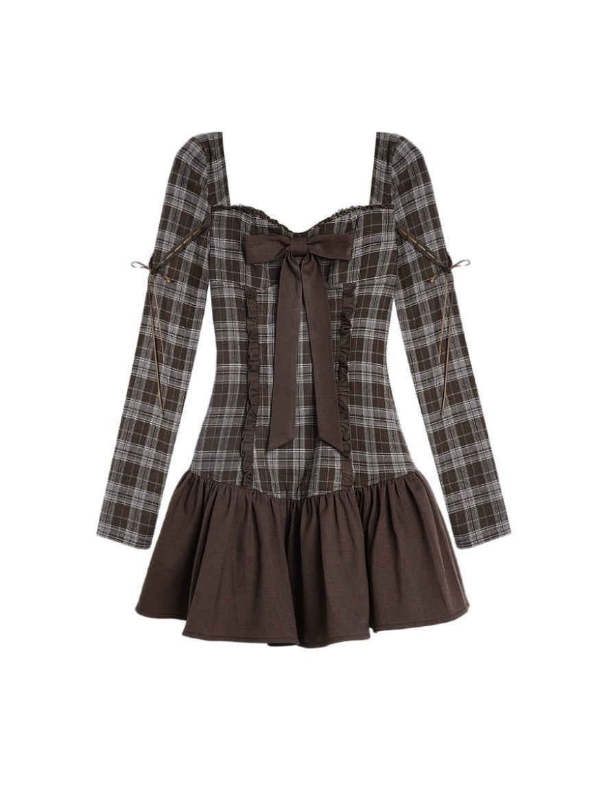 Checked Girly Ribbon Gather Girly Slimone-Piece