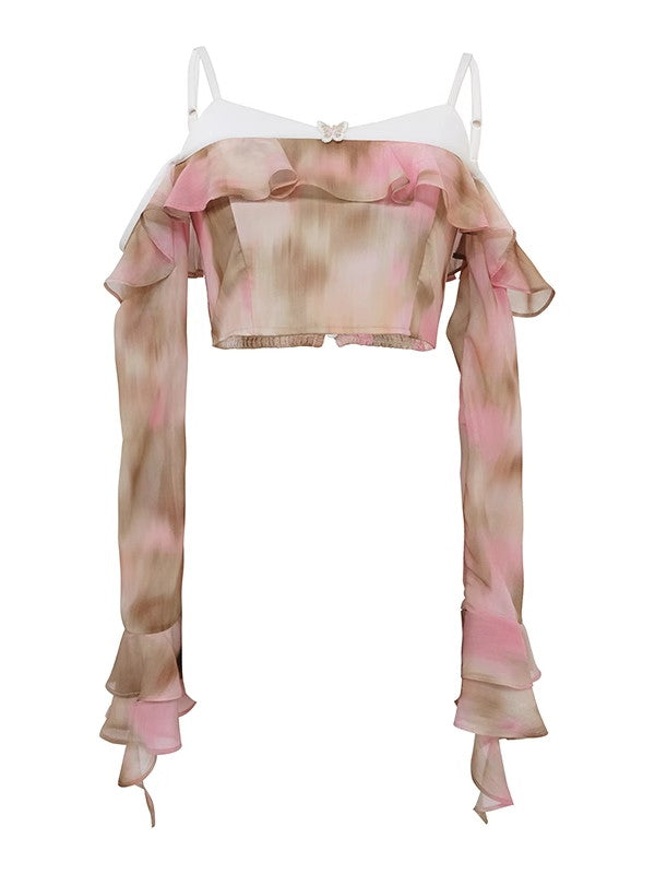 Tie-Dye Fake Fake-Off-Shouler Ruffle Rassemblez les hauts d&