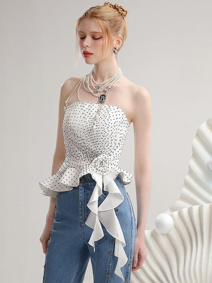 Bare-Top Dot Ruffle Rose Peplum Tops