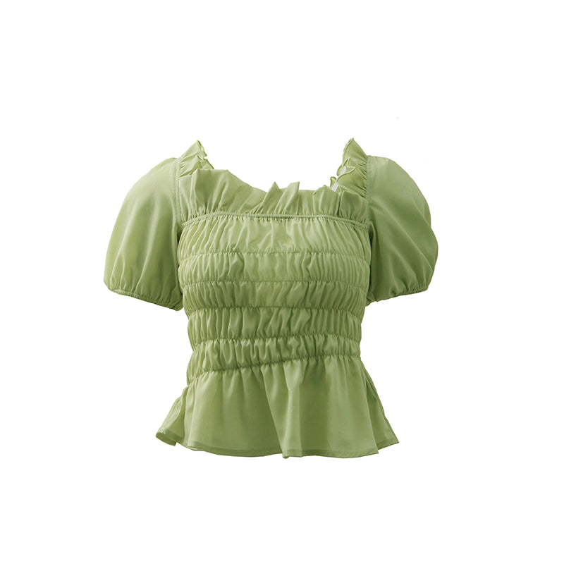 Gather Frill Puff-Sleeve Peplum Chic Blouse&amp;Long-Skirt