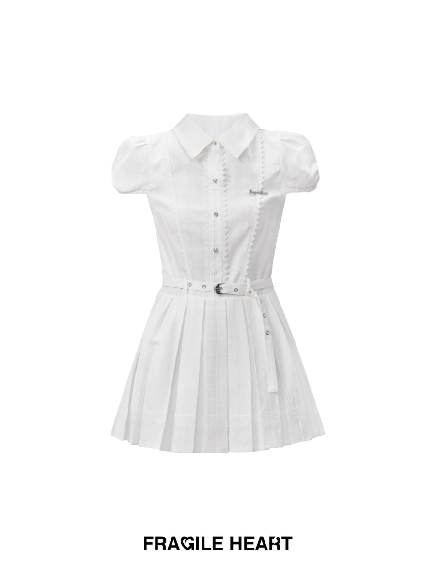 Puff-Sleeve Belt Lace Short Pleats Shirt-One-Piece