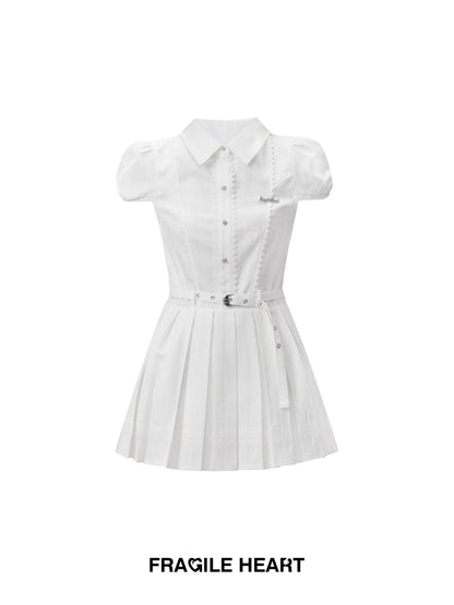 Puff-Sleeve Belt Lace Short Pleats Shirt-One-Piece