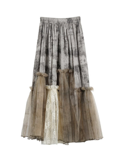 Ciffon Tie-Dye Mix Tulle Elastic-Waist Long-Skirt