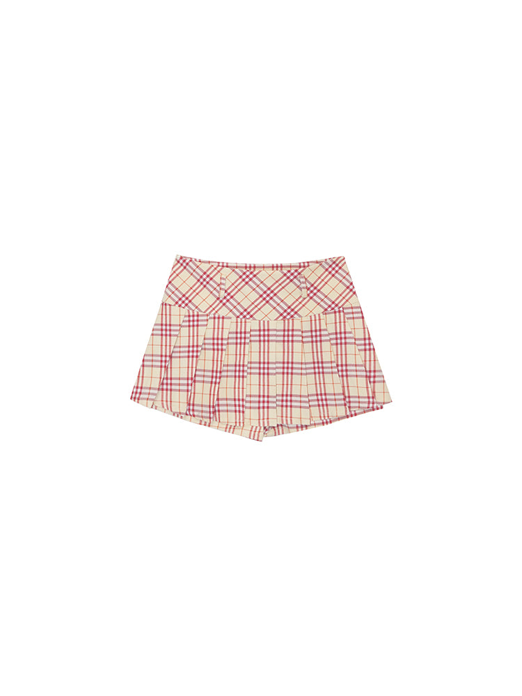 Checked Hifh-Waist Box-Pleats Girly Cute Mini-Skirt