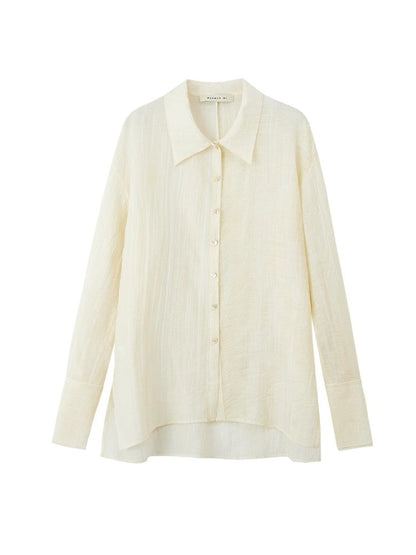 Side-Button Natural Sheer Oversuze Shirt