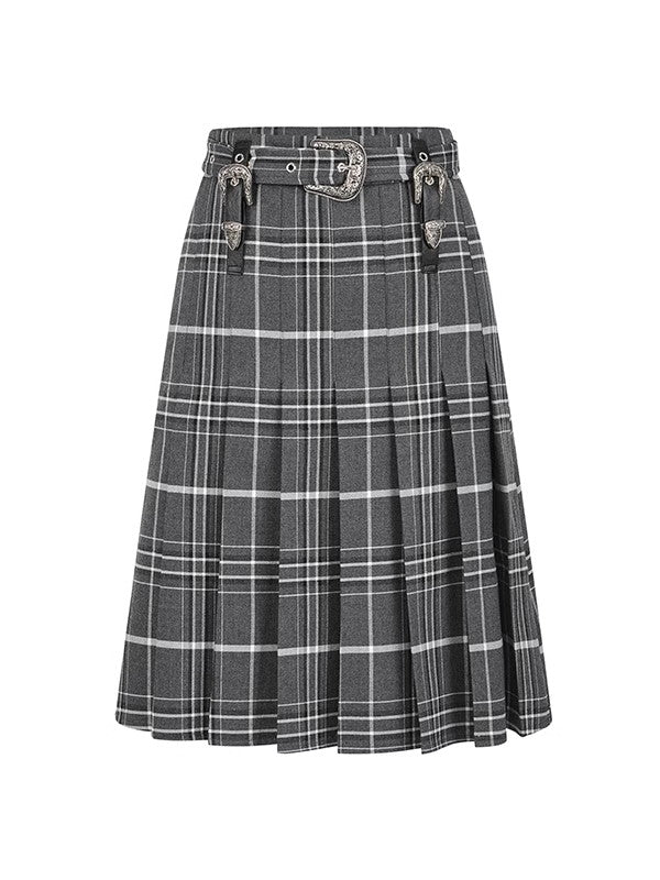 Checked Box-Pleats Girly Middle Skirt