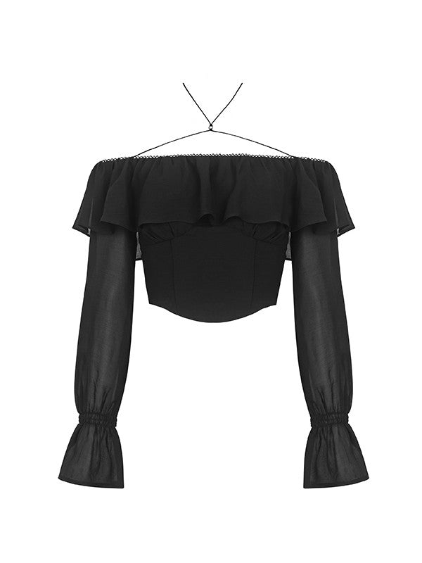 Off-Shoulder Ruffle Frill Plain Candy-Sleeve Blouse