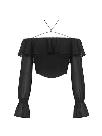 Off-Shoulder Ruffle Frill Plain Candy-Sleeve Blouse