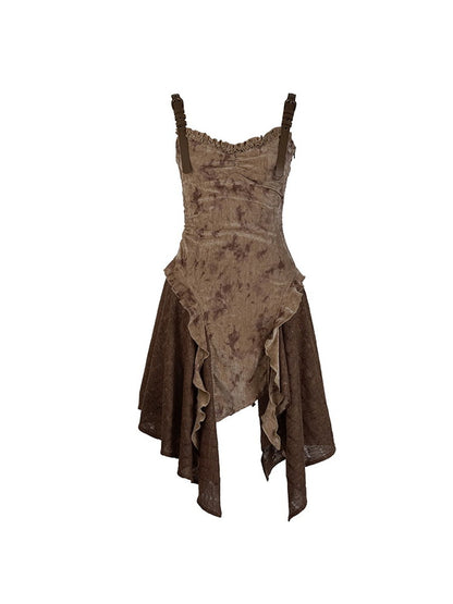 Tie-Dye Ruffle Camisole Velvet Lace Dress