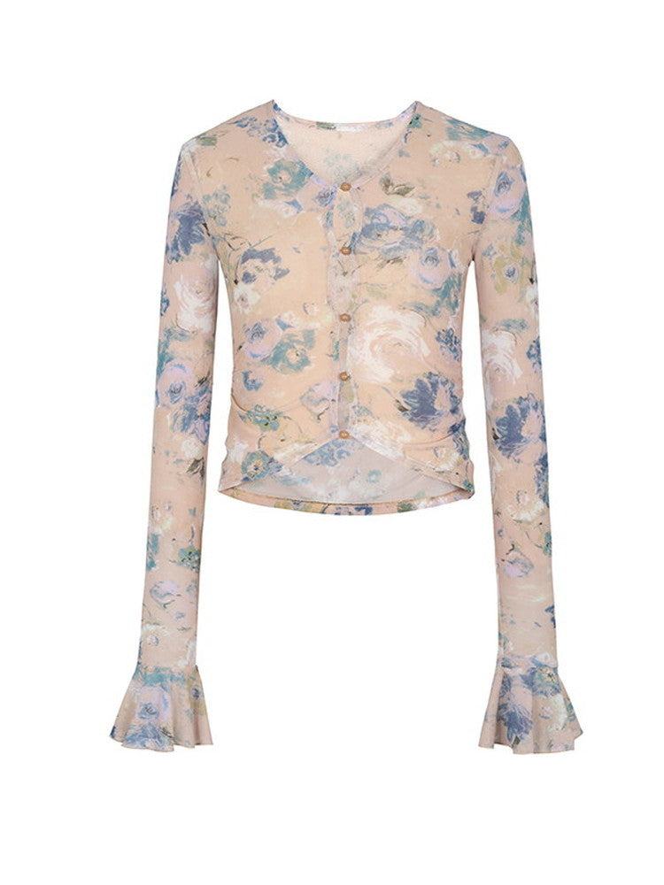 Flower Slim Flare-Sleeve Short Sheer Tops